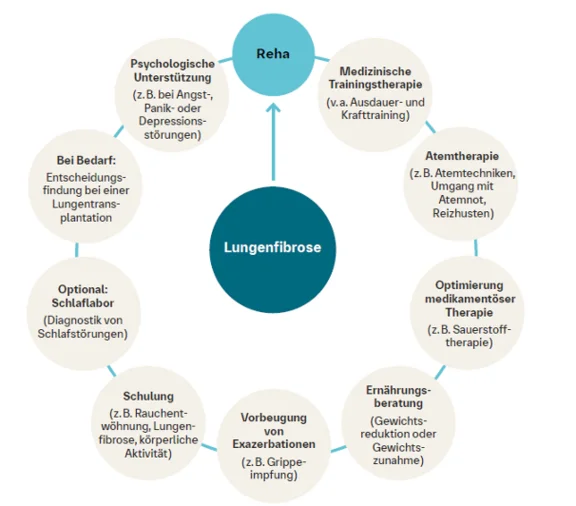 Infografik: Kreisdiagramm zu einem umfassenden Programm der pneumologischen Rehabilitation bei Lungenfibrose. Im Mittelpunkt steht &bdquo;Lungenfibrose", umgeben von acht Bausteinen: Medizinische Trainingstherapie, Atemtherapie, Optimierung medikament&ouml;ser Therapie, Ern&auml;hrungsberatung, Vorbeugung von Exazerbationen, Schulung, Schlaflabor (optional), Entscheidungsfindung bei Lungentransplantation (bei Bedarf) und psychologische Unterst&uuml;tzung. Ein Pfeil f&uuml;hrt von &bdquo;Lungenfibrose" zu &bdquo;Reha".